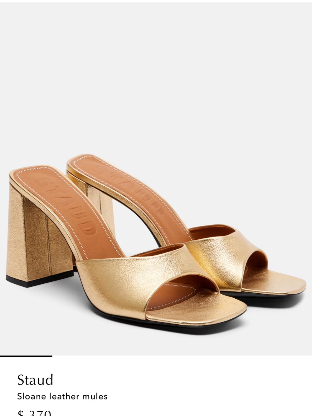 STAUD Metallic Gold Open-Toe Block Heel Mules